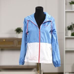 Columbia Sportswear Vintage 2010 Blue & White Retro Windbreaker Red Zipper